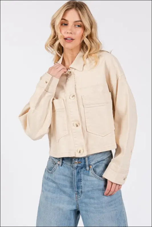 bytos Button Down Cropped Denim Jacket with Patch Pockets - Tan / S