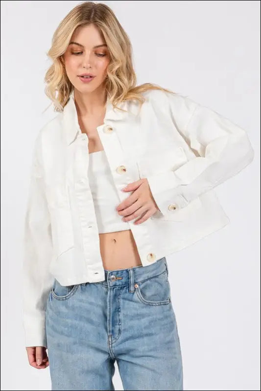 bytos Button Down Cropped Denim Jacket with Patch Pockets - White / S