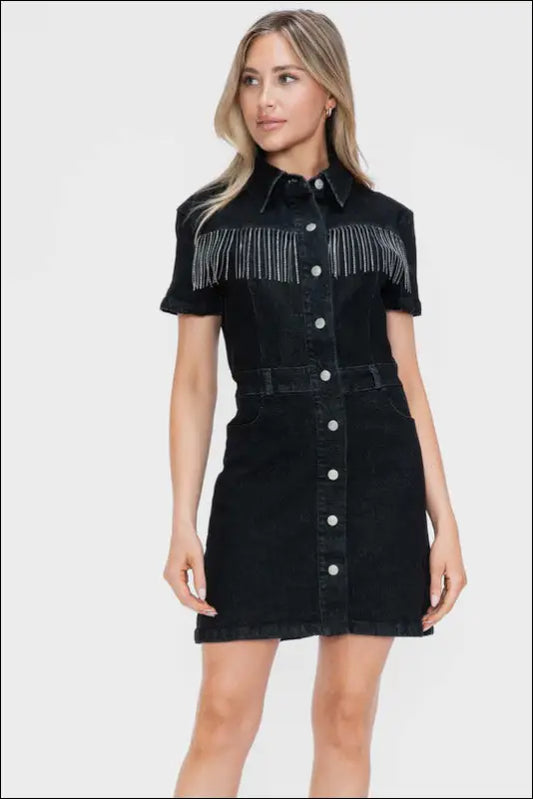 bytos Full Size Embellished Button Down Short Sleeve Denim Dress - Black / S