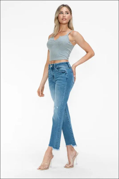 bytos Raw Hem Distressed Mid Rise Crop Jeans