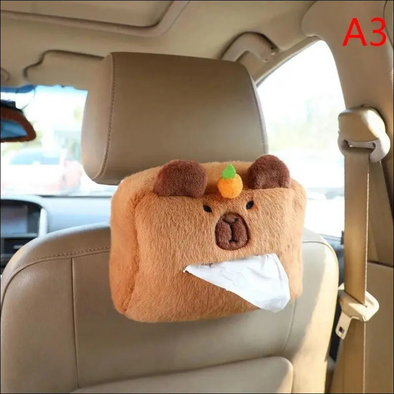 ’Capybara Plush Car Headrest Neck Pillow | Cute Kawaii Shoulder Protection with Tissue Box | Adorable Decoration