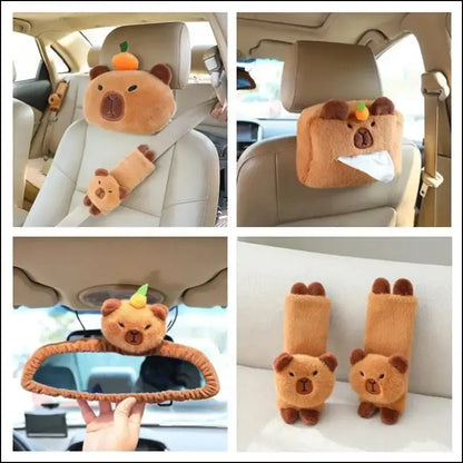 ’Capybara Plush Car Headrest Neck Pillow | Cute Kawaii Shoulder Protection with Tissue Box | Adorable Decoration