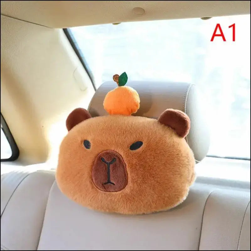 ’Capybara Plush Car Headrest Neck Pillow | Cute Kawaii Shoulder Protection with Tissue Box | Adorable Decoration