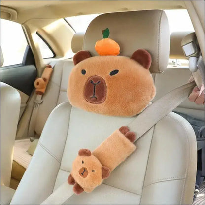 ’Capybara Plush Car Headrest Neck Pillow | Cute Kawaii Shoulder Protection with Tissue Box | Adorable Decoration