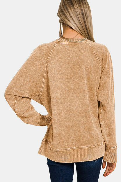 Zenana Pocketed Round Neck Sweatshirt