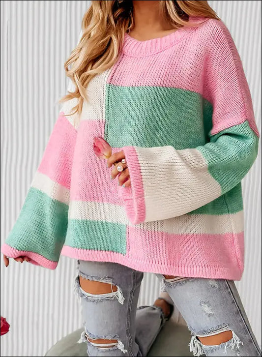 Color Block Round Neck Drop Shoulder Sweater - Blush Pink / S