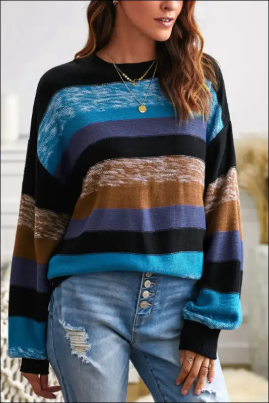 Contrast Striped Round Neck Drop Shoulder Sweater