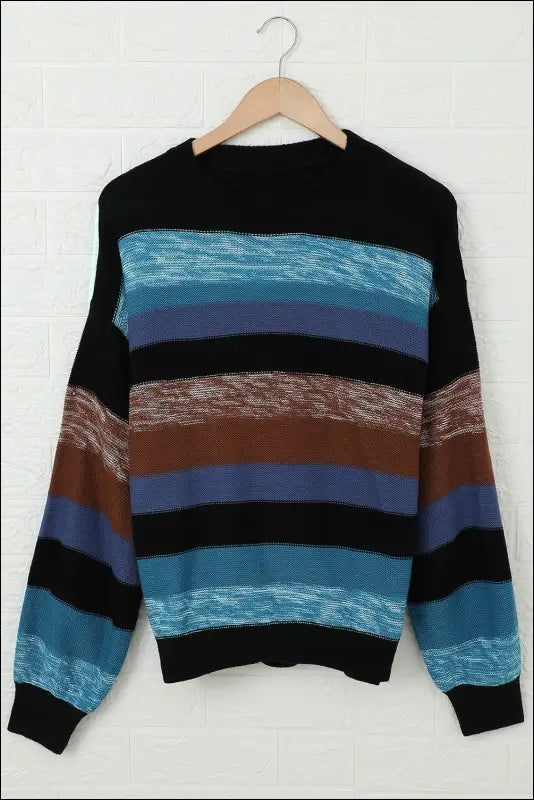 Contrast Striped Round Neck Drop Shoulder Sweater