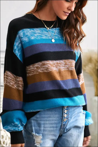 Contrast Striped Round Neck Drop Shoulder Sweater