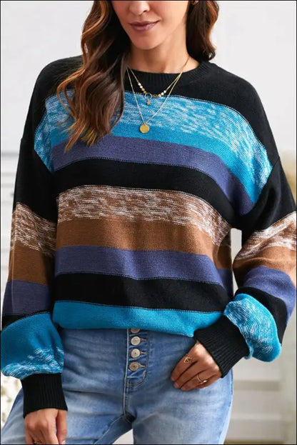 Contrast Striped Round Neck Drop Shoulder Sweater - Blue / S