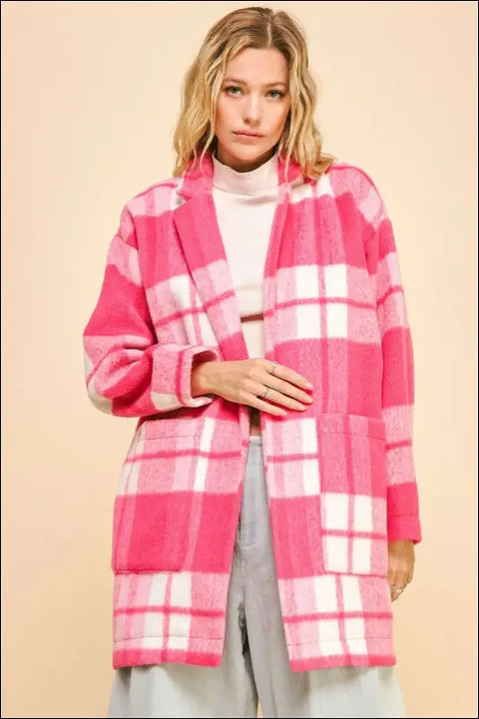 Davi & Dani Plaid Open Front Drop Shoulder Longline Coat - Hot Pink / S