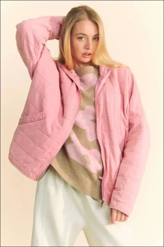 Davi & Dani Quilted Zip Up Dropped Shoulder Jacket - Dusty Rose / S