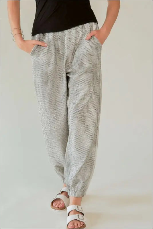 Davi & Dani Rhinestone Elastic Waist Joggers - Light Gray / S