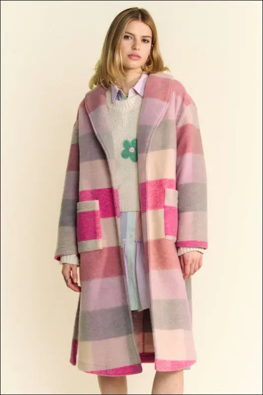 Davi & Dani Tied Color Block Collared Neck Coat - Hot Pink Multicolor / S