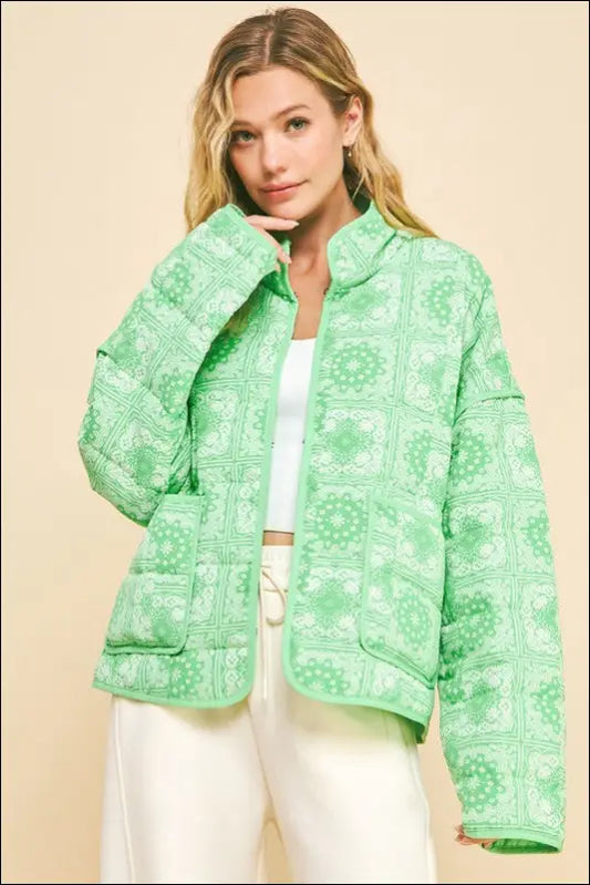 Davi & Dani Vintage Print Open Front Jacket with Pockets - Neon Green / S