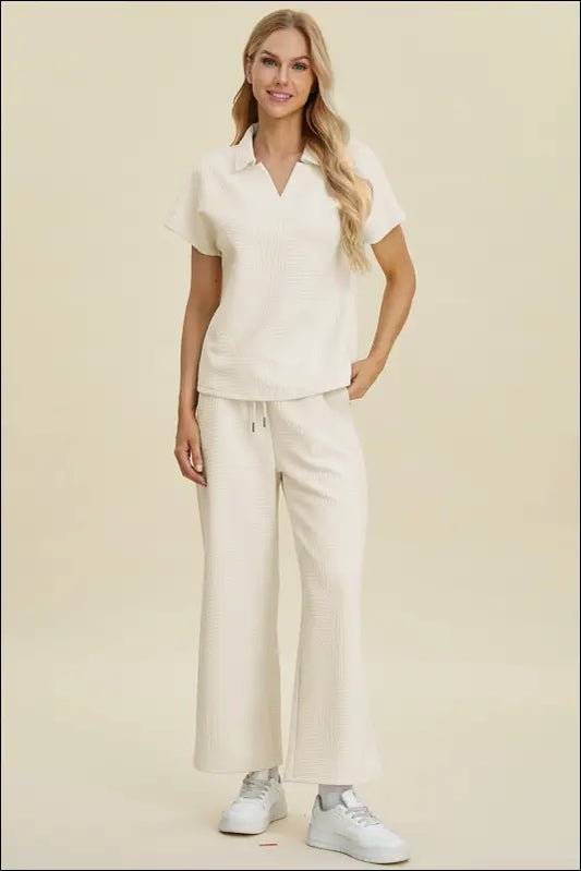 Double Take Full Size Collared Neck Short Sleeve Top and Pants Set - Cream / S