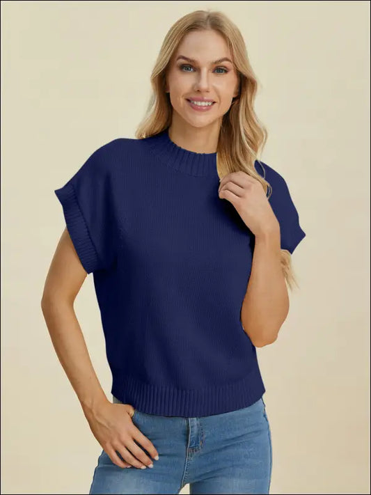 Double Take Full Size Mock Neck Short Sleeve Sweater - Navy / S