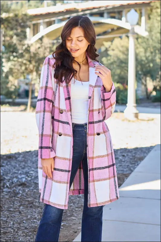 Double Take Full Size Plaid Button Up Lapel Collar Coat - Carnation Pink / S