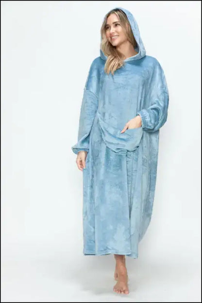 Double Take Full Size Pocketed Hooded Midi Lounge Dress - Plus Casual Hoodie for Women - Pastel Blue / S/M