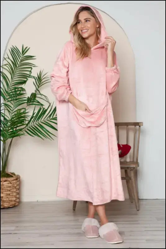 Double Take Full Size Pocketed Hooded Midi Lounge Dress - Plus Casual Hoodie for Women - Dusty Pink / S/M