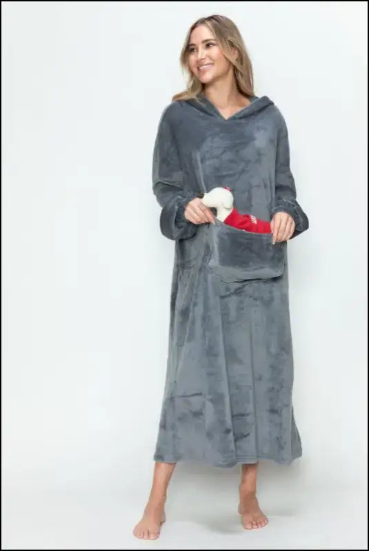 Double Take Full Size Pocketed Hooded Midi Lounge Dress - Plus Casual Hoodie for Women - Dark Gray / S/M