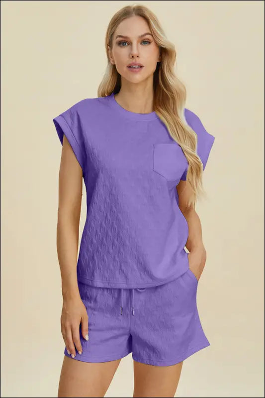 Double Take Full Size Pocketed Texture Round Neck Top and Shorts Set - Lavender / S