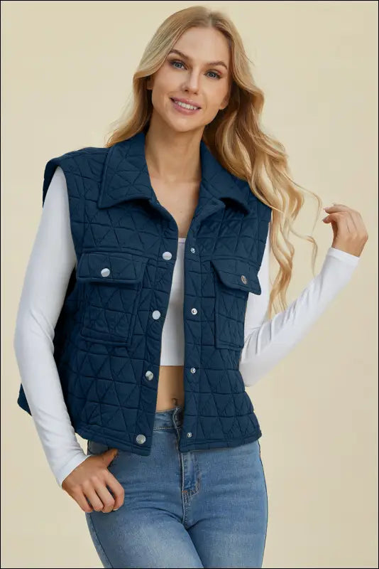 Double Take Full Size Pocketed Texture Snap Down Vest Coat