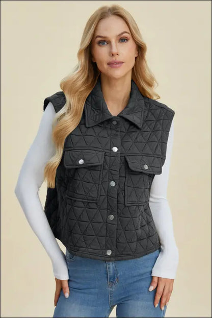 Double Take Full Size Pocketed Texture Snap Down Vest Coat