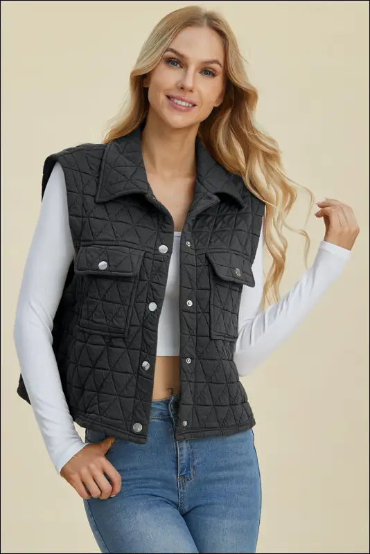 Double Take Full Size Pocketed Texture Snap Down Vest Coat - Black / S