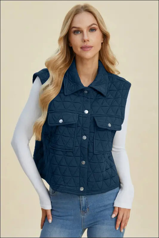 Double Take Full Size Pocketed Texture Snap Down Vest Coat - Peacock Blue / S