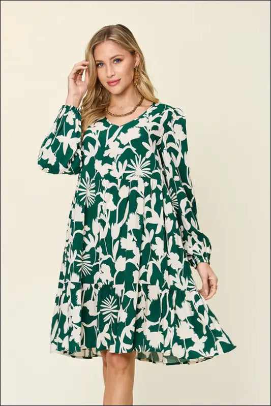 Double Take Full Size Printed Ruffle Hem Dress with Pocket - Dark Green / S