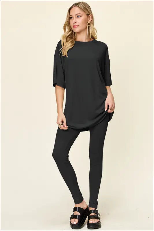 Double Take Full Size Round Neck Dropped Shoulder T-Shirt and Leggings Set - Black / S