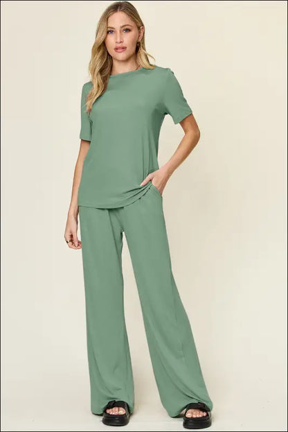 Double Take Full Size Round Neck Short Sleeve T-Shirt and Wide Leg Pants Set - Light Green / S