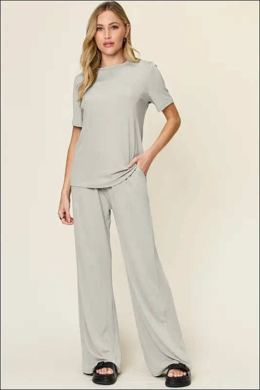 Double Take Full Size Round Neck Short Sleeve T-Shirt and Wide Leg Pants Set - Light Gray / S