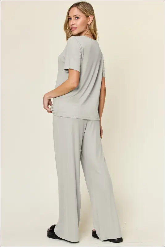 Double Take Full Size Round Neck Short Sleeve T-Shirt and Wide Leg Pants Set