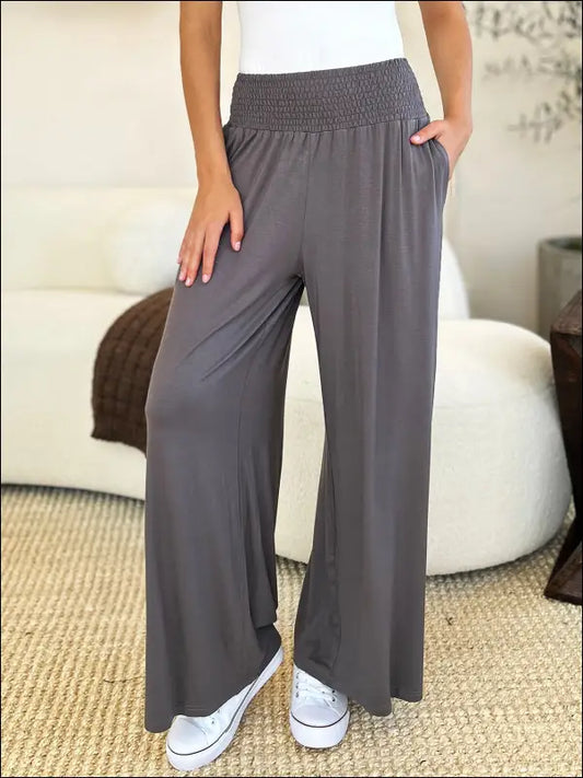 Double Take Full Size Smocked Wide Waistband Leg Pants - Dark Gray / S