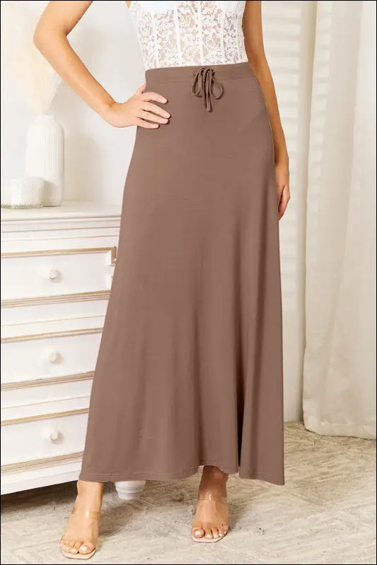 Double Take Full Size Soft Rayon Drawstring Waist Maxi Skirt - Mocha / S