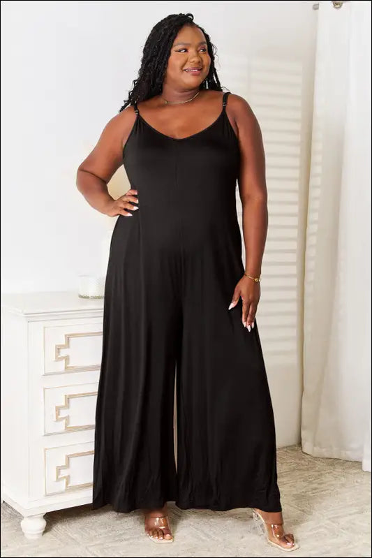 Double Take Full Size Soft Rayon Spaghetti Strap Tied Wide Leg Jumpsuit - Black / S