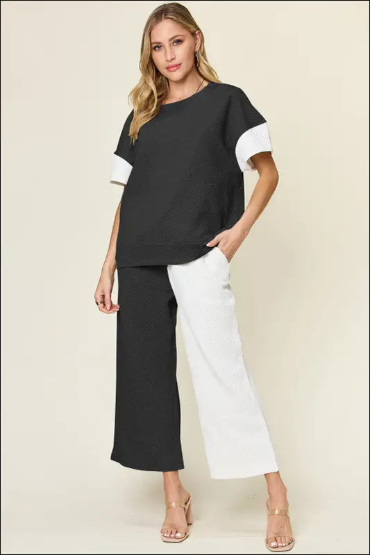 Double Take Full Size Texture Contrast T-Shirt and Wide Leg Pants Set - White / S