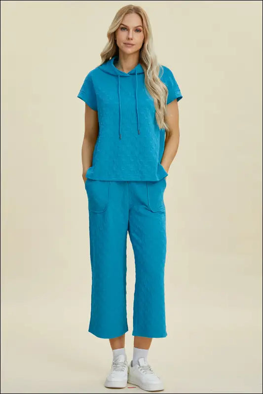 Double Take Full Size Texture Drawstring Short Sleeve Hoodie and Pocketed Pants Set - Cerulean / S