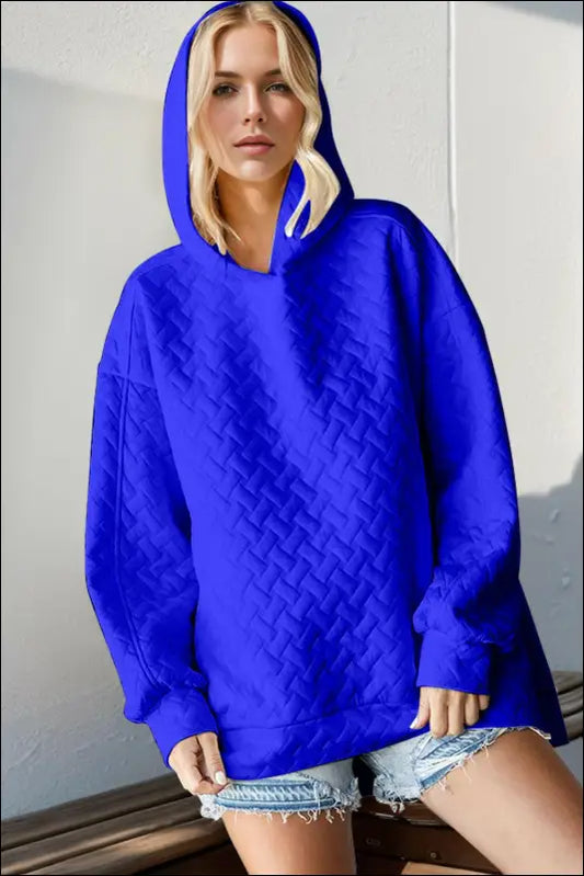 Double Take Full Size Texture Drop Shoulder Long Sleeve Hoodie - Royal Blue / S