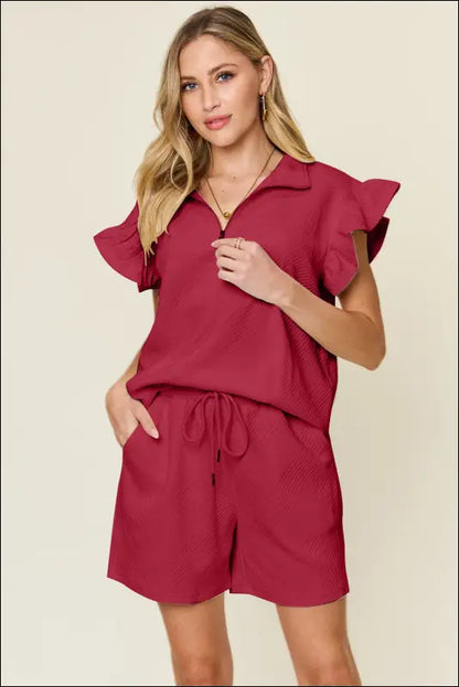 Double Take Full Size Texture Flounce Sleeve Top and Drawstring Shorts Set - Deep Red / S