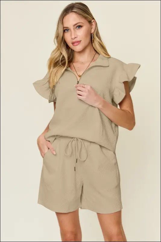 Double Take Full Size Texture Flounce Sleeve Top and Drawstring Shorts Set - Khaki / S