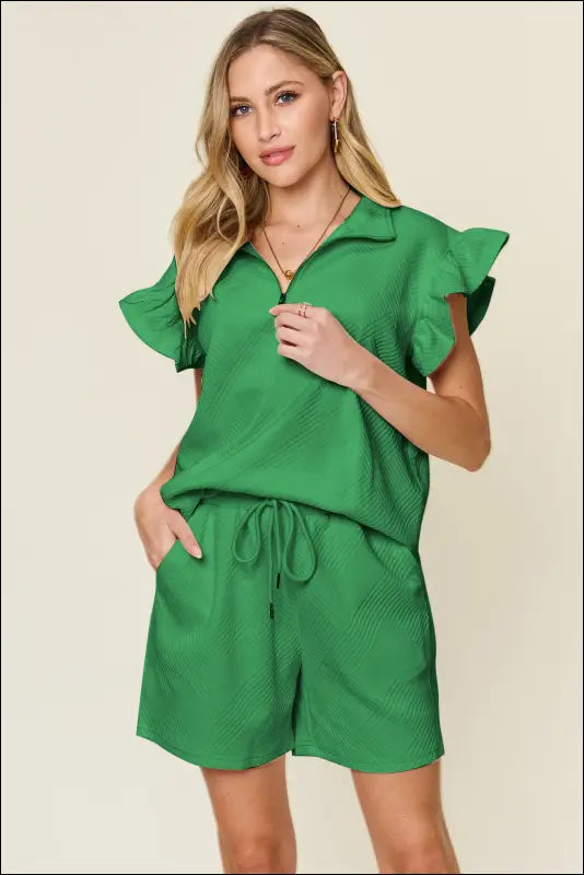 Double Take Full Size Texture Flounce Sleeve Top and Drawstring Shorts Set - Mid Green / S