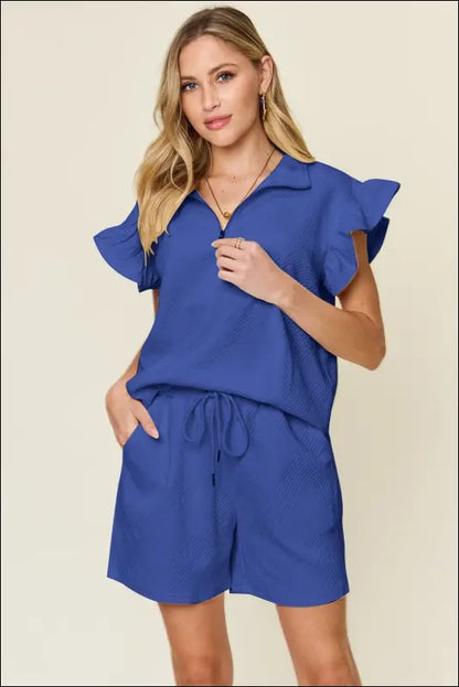 Double Take Full Size Texture Flounce Sleeve Top and Drawstring Shorts Set - Royal Blue / S