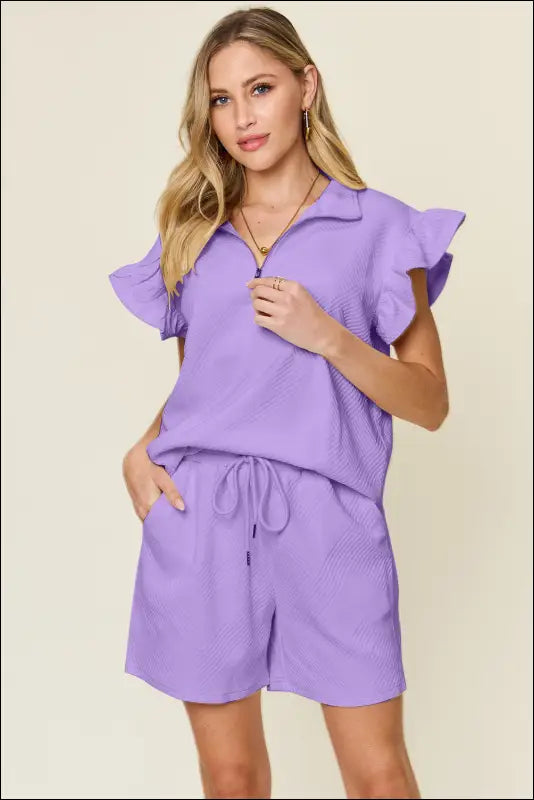 Double Take Full Size Texture Flounce Sleeve Top and Drawstring Shorts Set - Lavender / S