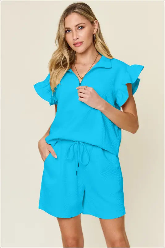 Double Take Full Size Texture Flounce Sleeve Top and Drawstring Shorts Set - Sky Blue / S