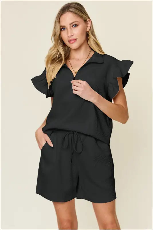 Double Take Full Size Texture Flounce Sleeve Top and Drawstring Shorts Set - Black / S