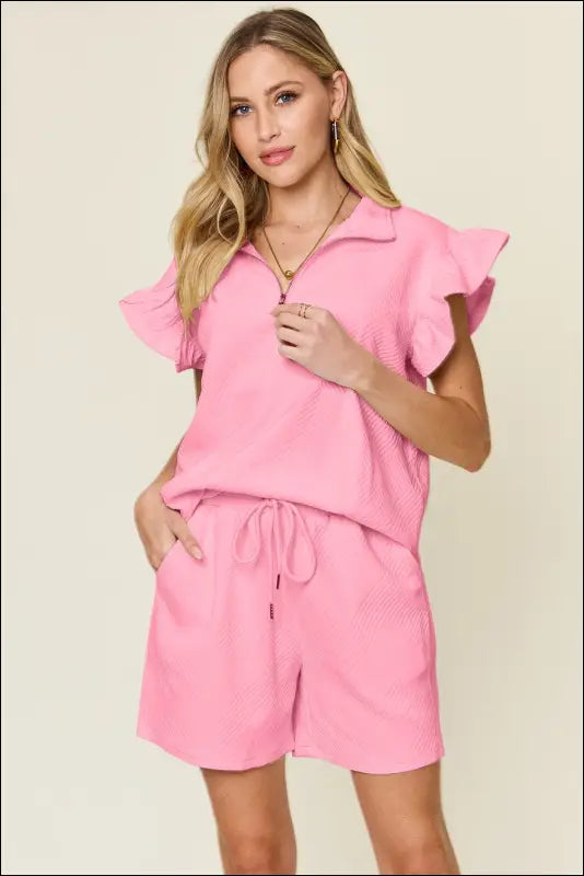 Double Take Full Size Texture Flounce Sleeve Top and Drawstring Shorts Set - Carnation Pink / S