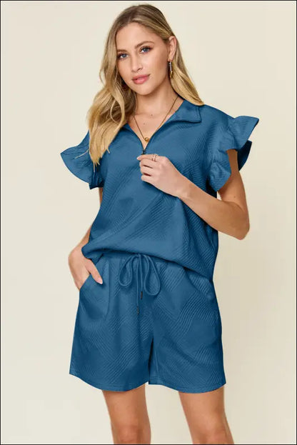 Double Take Full Size Texture Flounce Sleeve Top and Drawstring Shorts Set - French Blue / S